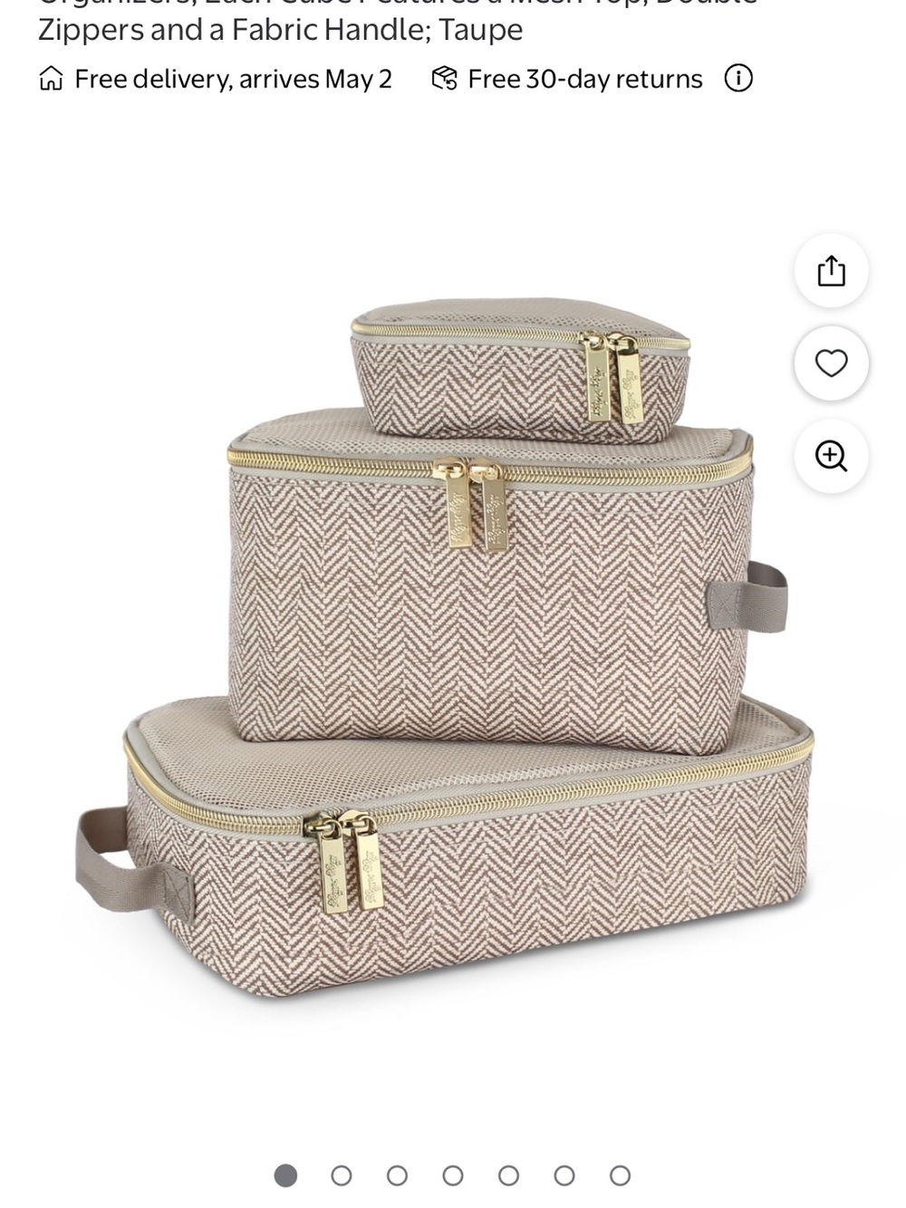 Itzy Ritzy Taupe Herringbone Travel Organizer Set with Gold Zippers